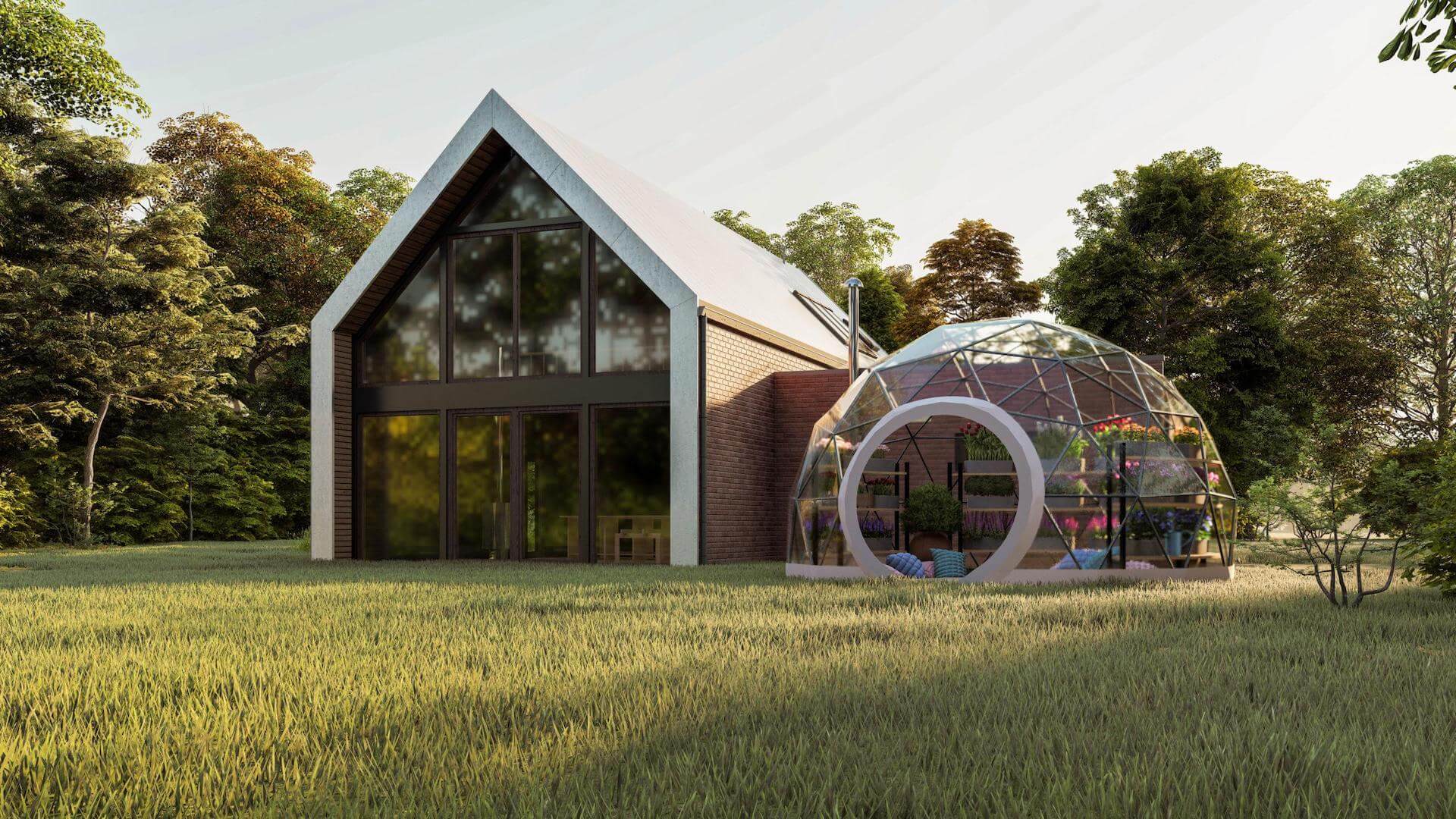 geodesic dome with a transparent membrane next to the barn