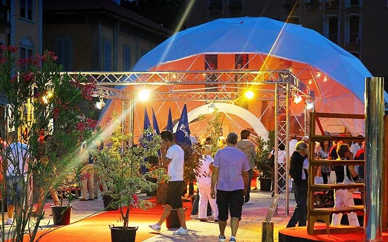 white dome tent while event in night