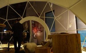 interior of white dome tent with view at window