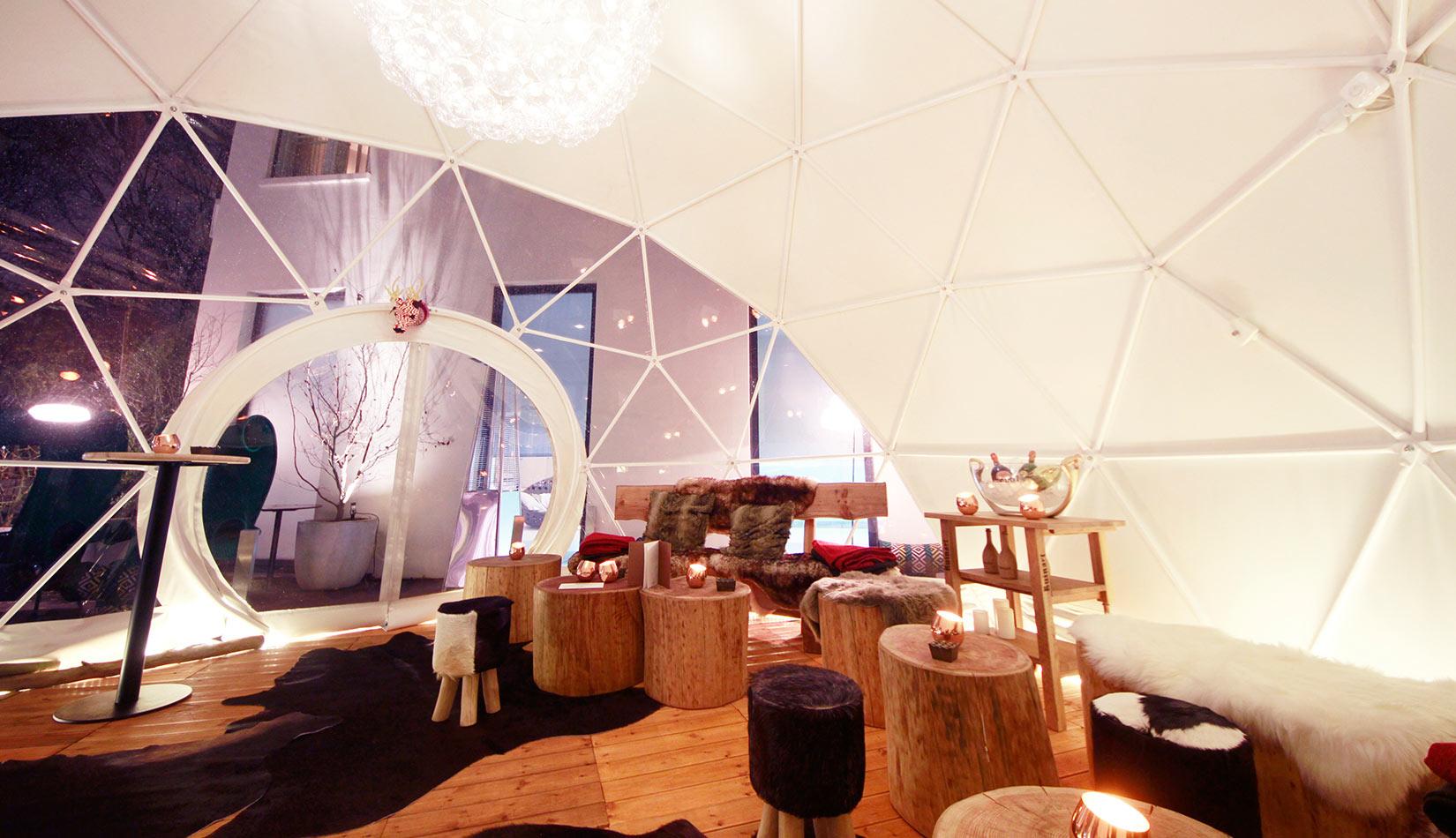interior of white dome tent with view at insulation