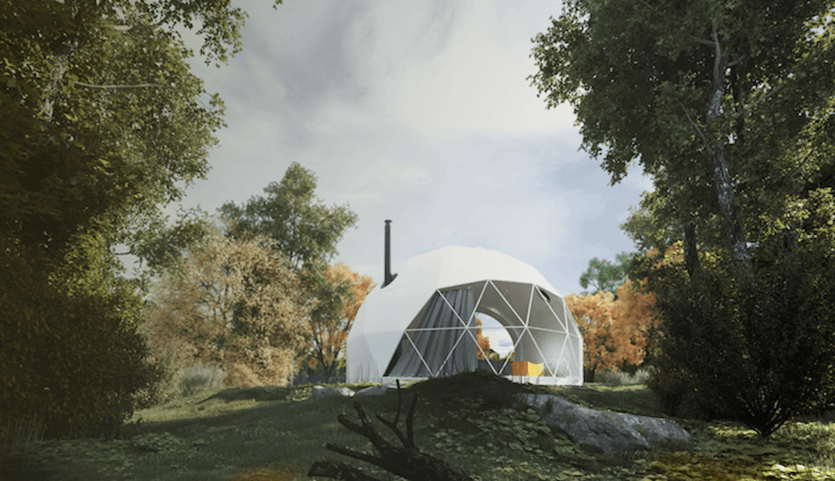 white geodesic dome with stack in the forest