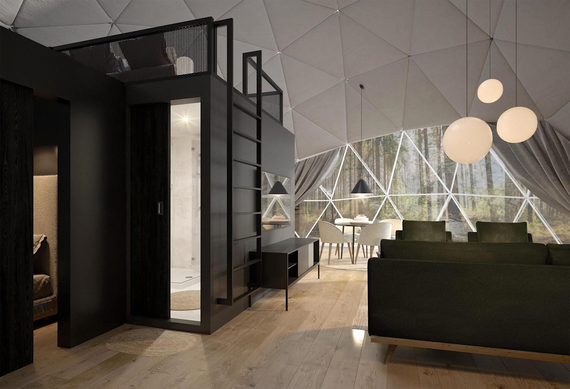 Interior of a geodesic dome overlooking FDomes Module and living room