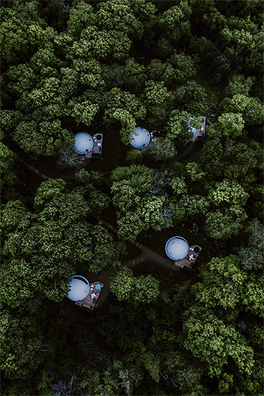 white geodesic domes on wooden platforms in forest, bird's-eye view
