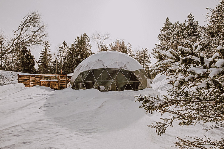 white geodesic dome in winter in forest