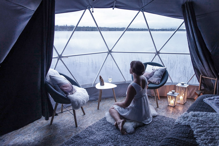 woman inside a geodesic dome looking out the window, in the background lake