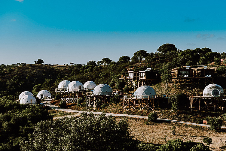few white glamping geodesic domes on the mountainside with trees
