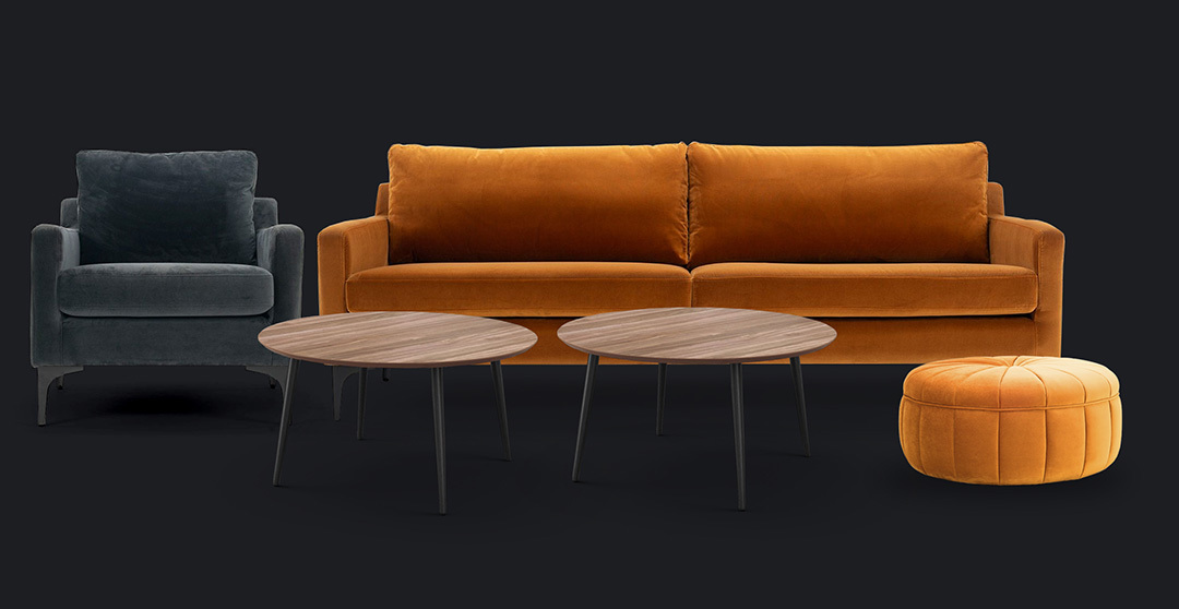 graphic with a set of furniture in orange, natural wood and dark grey color