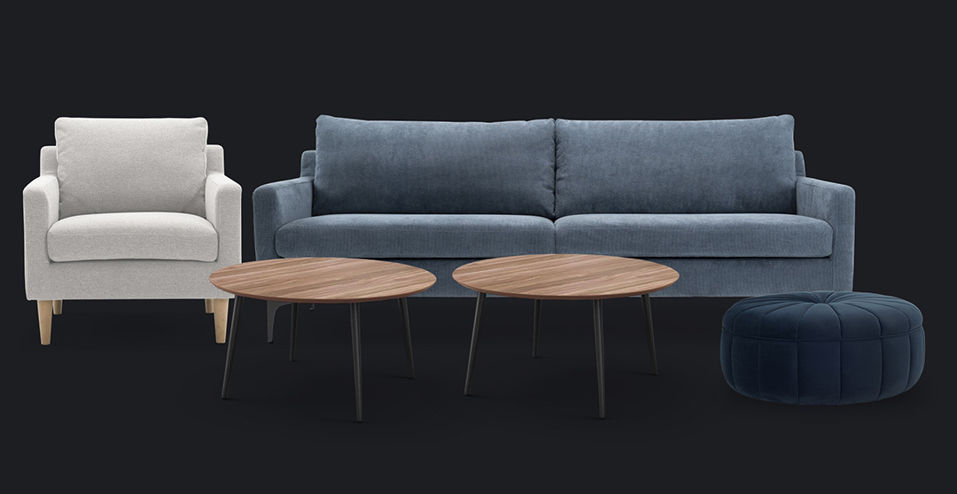 graphic with a set of furniture in dark blue, dirty white and dirty blue color