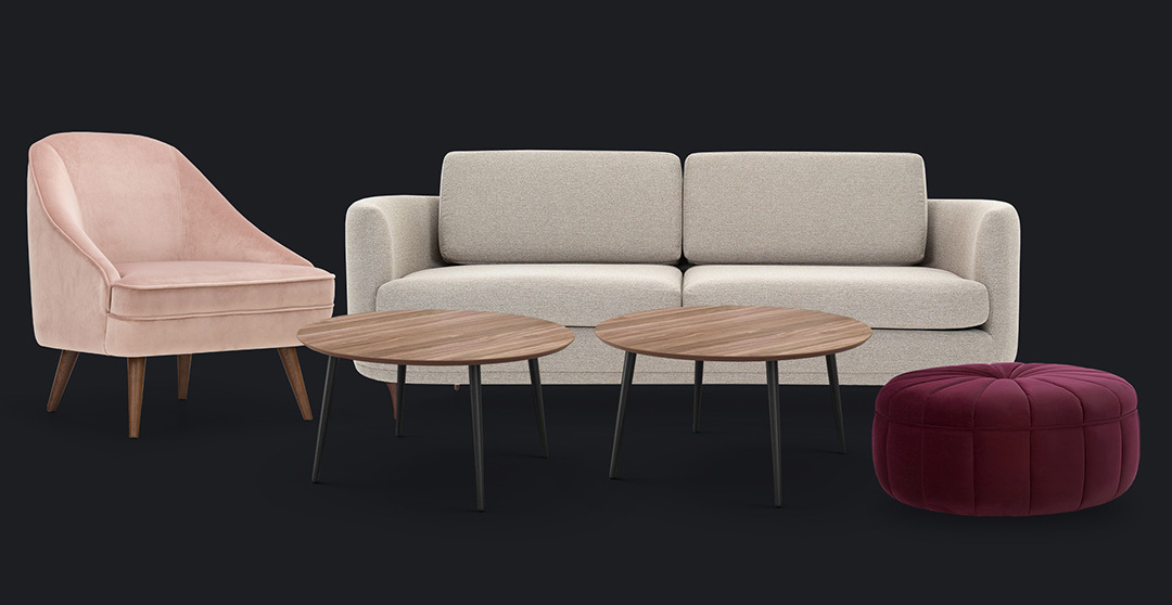 graphic with a set of furniture in rose, plum and dirty white color