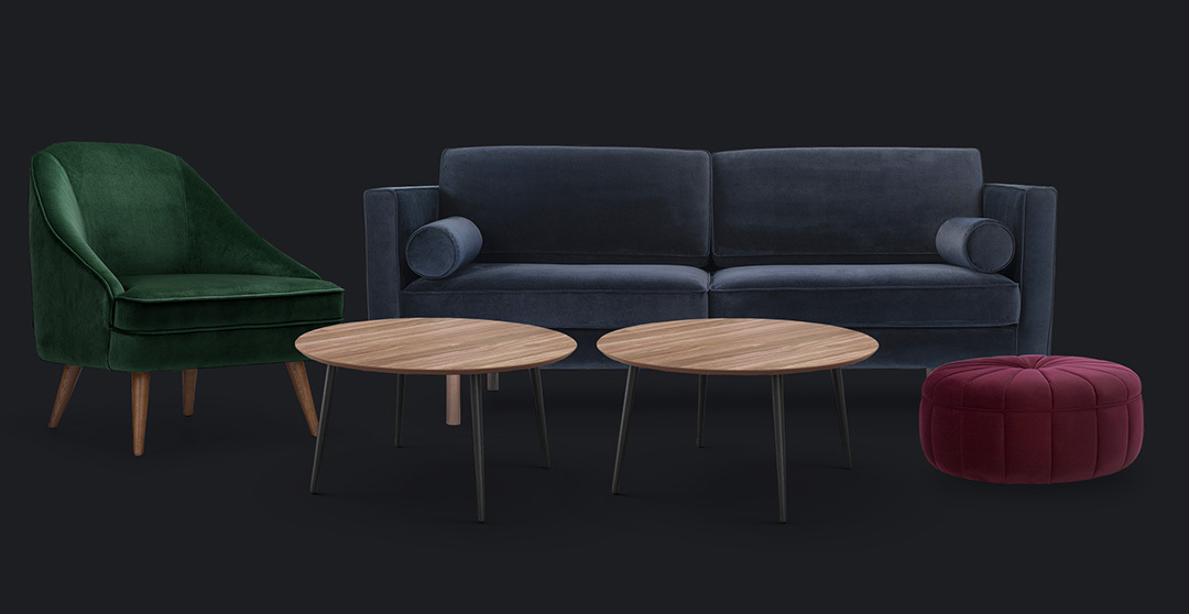 graphic with a set of furniture in dark blue, dark green and plum color