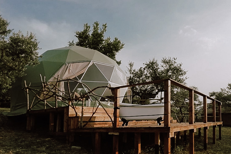 green geodesic dome on a wooden platform in the forest
