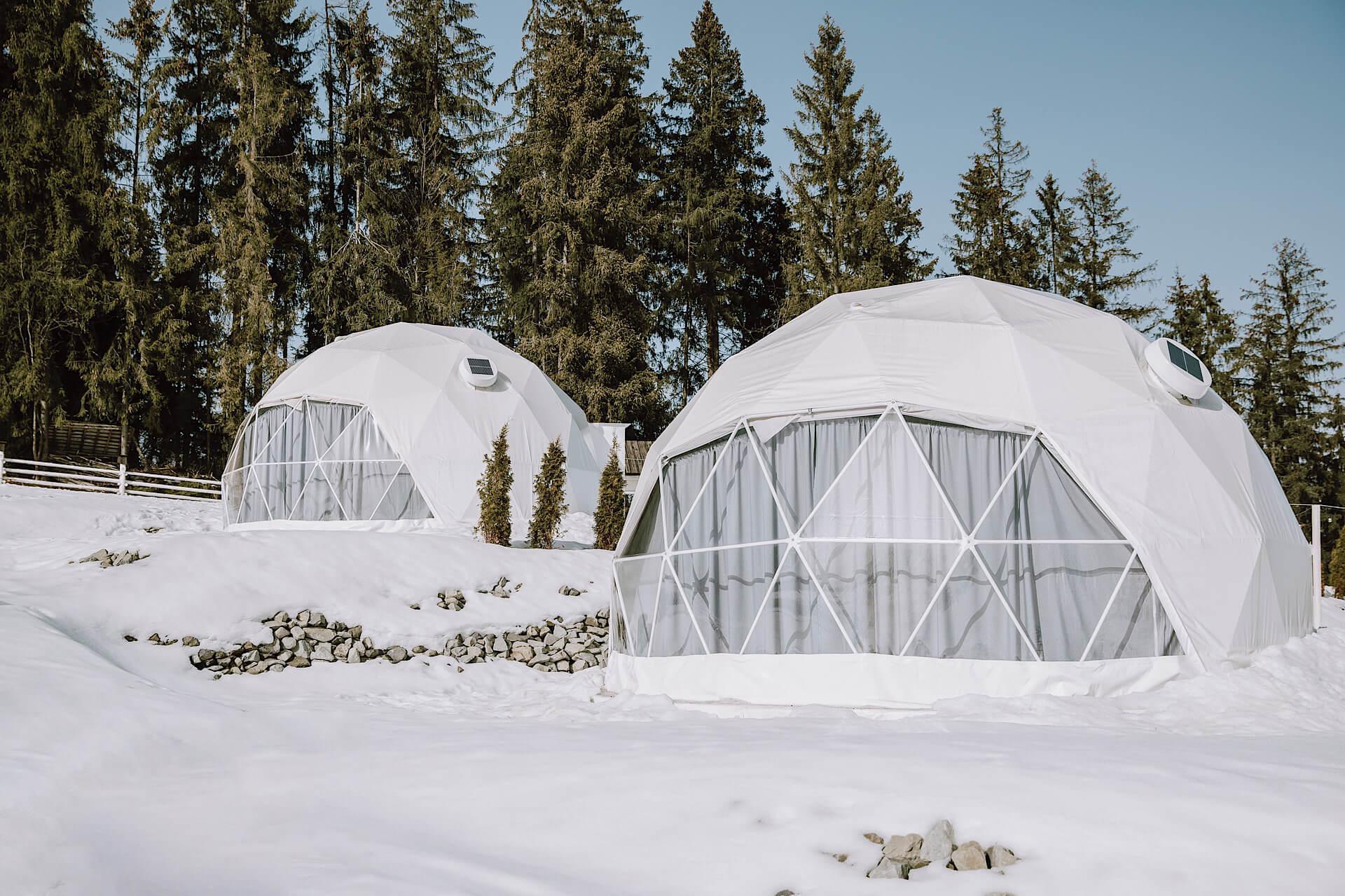 white geodesic dome in winter
