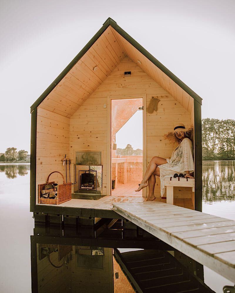 LAGO Sauna floating on the lake made by FDomes company that manufactures also geoedisc domes
