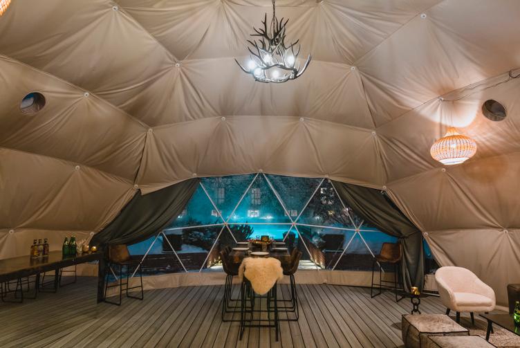 The center of the geodesic dome overlooking the table and window
