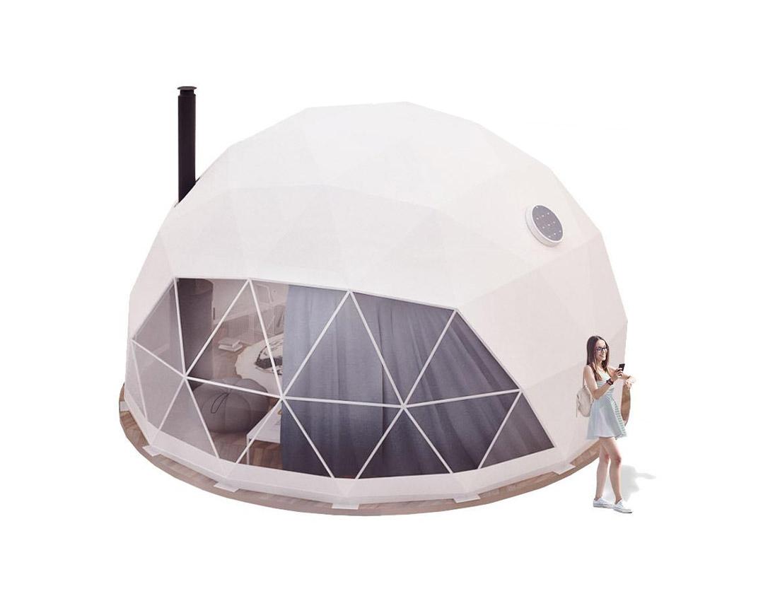 graphic of white geodesic dome with a chimney and a woman in front of it