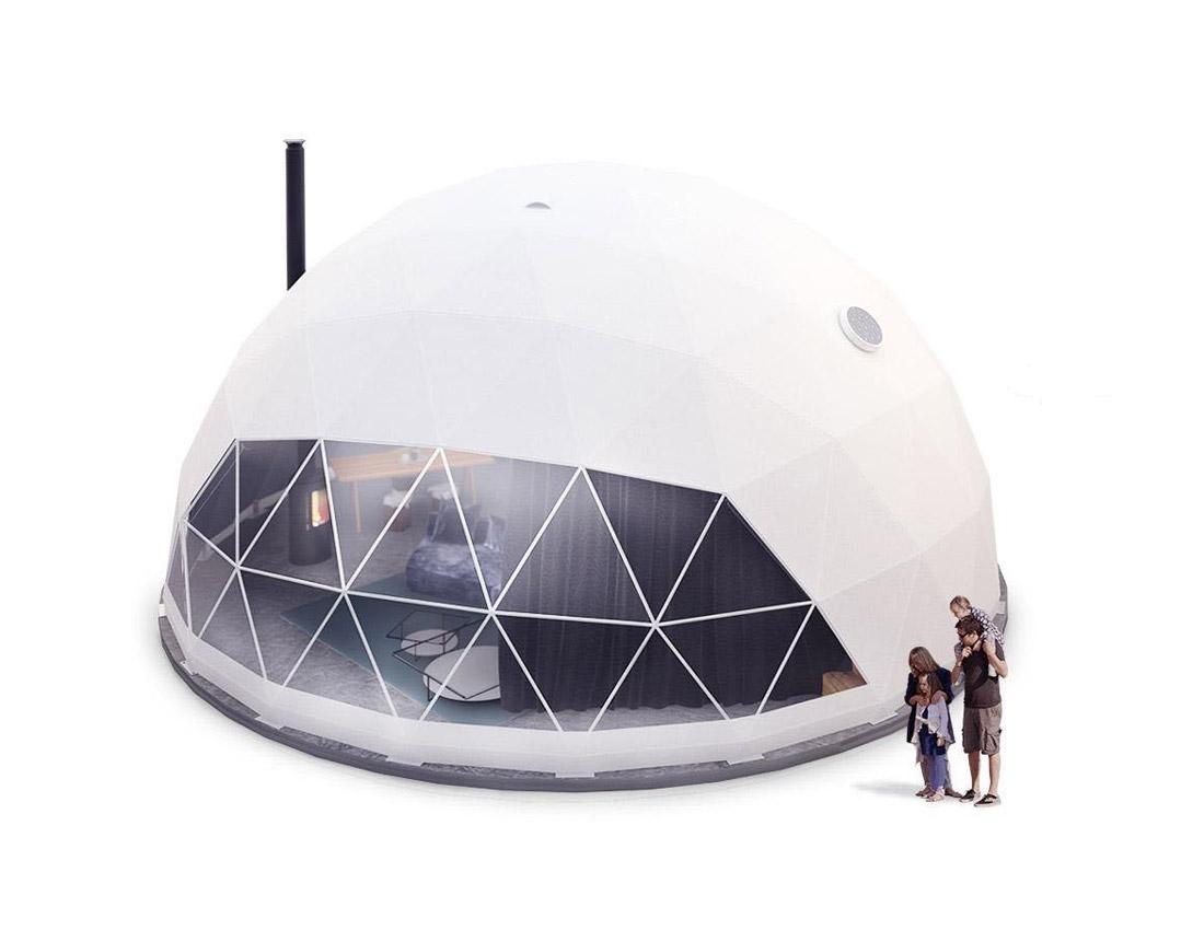 graphics of white geodesic dome with a chimney and a pair of people in front of it