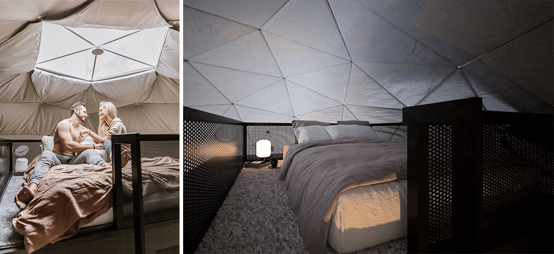 Collage of two photos - couple on the Loft Bed under the Skylight Window; and visualization of just Loft Bed in dim lighting which sets relaxing atmosphere 