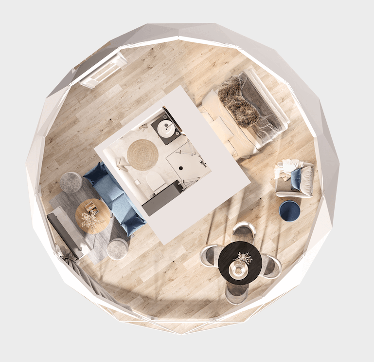 Visualization of the FDomes Glamping 40 from top view showing possible setup of furnitures and Interior Modules