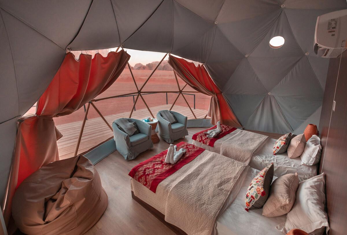 Sun City Camp red interior of the dome manufactured by FDomes