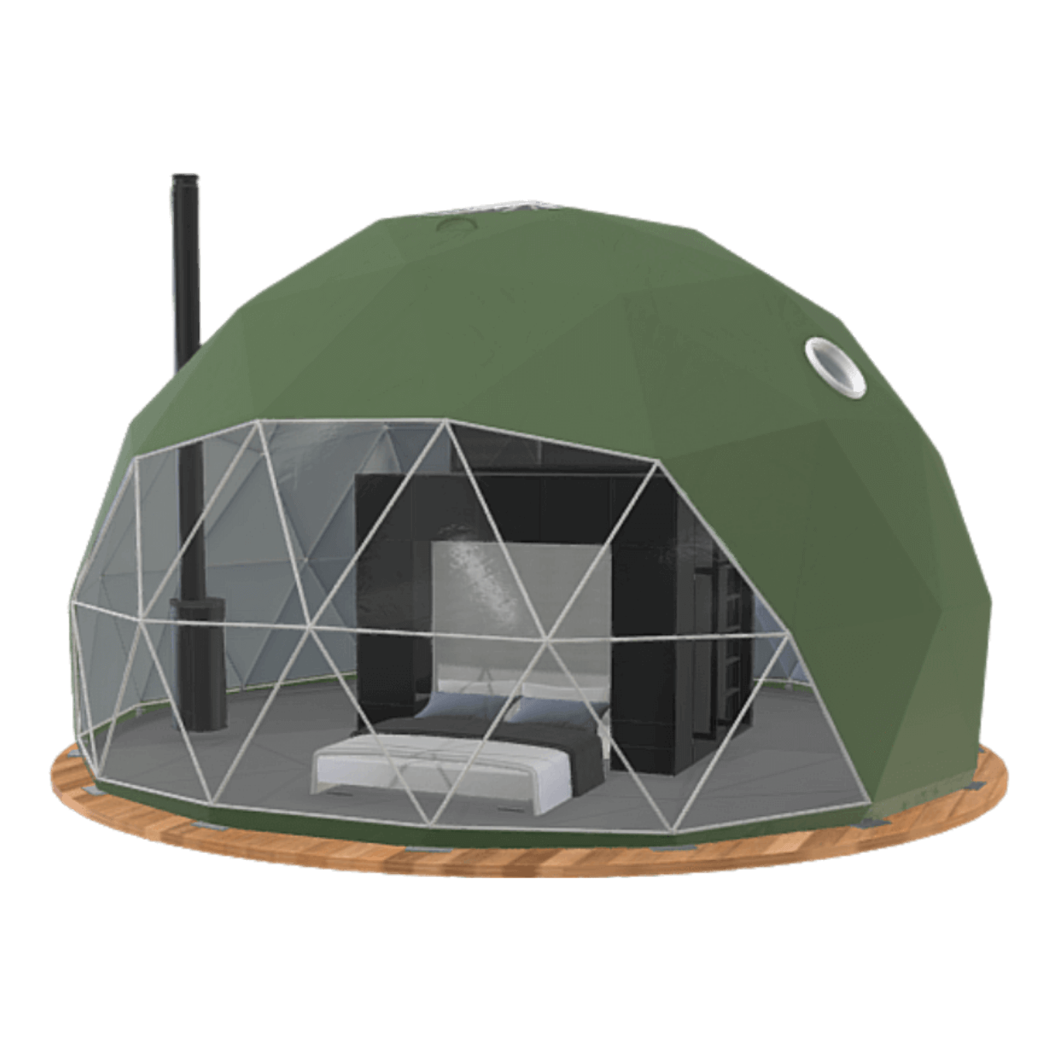 graphic with green geodesic dome with a stove and interior modules FCubes