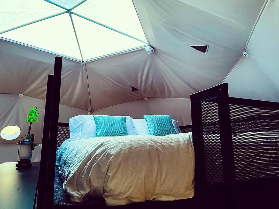 inside of geodesic dome with a loft bed on mezzanine and a skylight