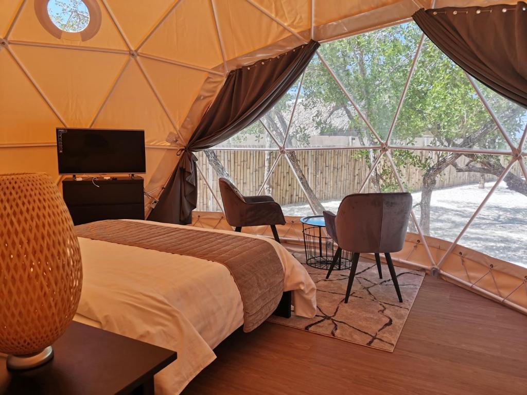 inside of geodesic dome with a bed, some armchairs and a TV