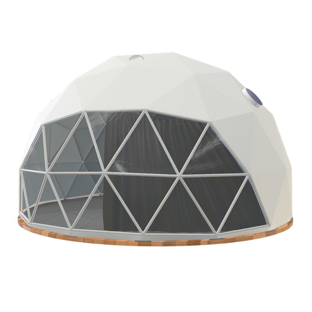 graphic of glamping geodesic dome by FDomes with dark curtains