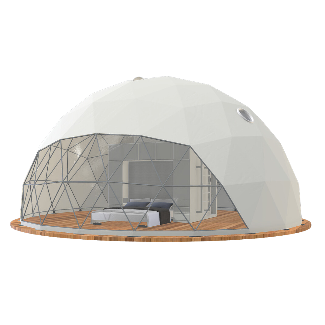 graphic of glamping geodesic dome by FDomes with interior modules by FCubes inside