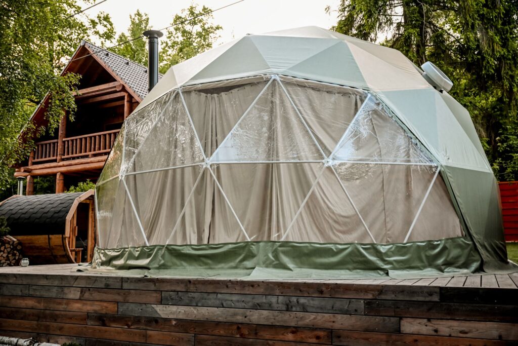 green geodesic dome in the garden