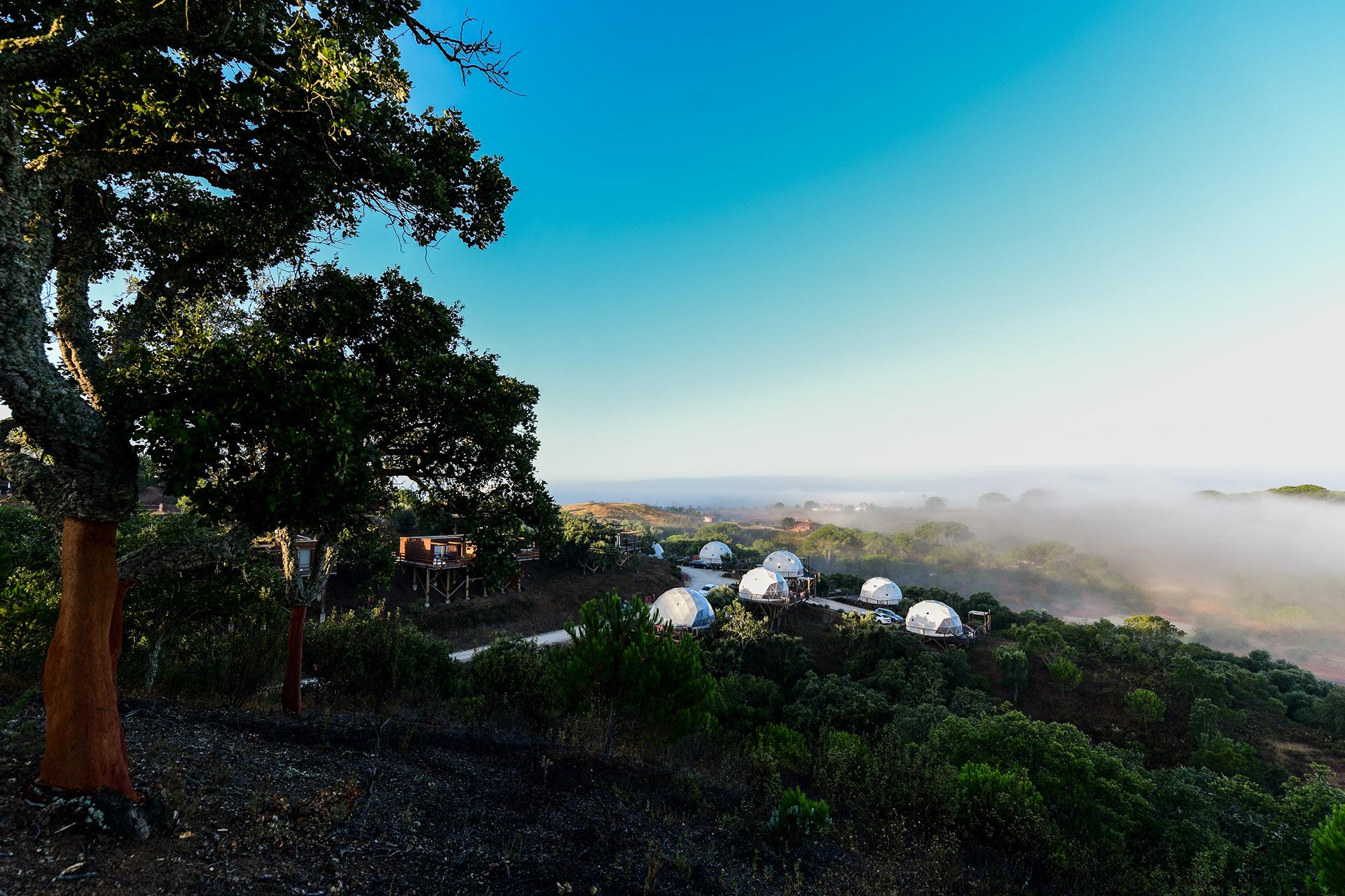 white geodesic domes on the mountainside